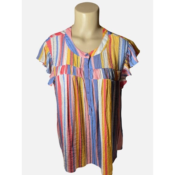 Zac & Rachel Top L Multicolor Striped‎ Ruffle Sleeve Blouse Large - Picture 2 of 11